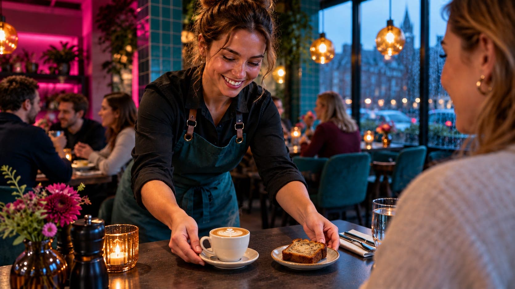 Een bediende zet een cappuccino en een plak bananenbrood neer bij een gast aan tafel in een lunchroom in de vroege avond
