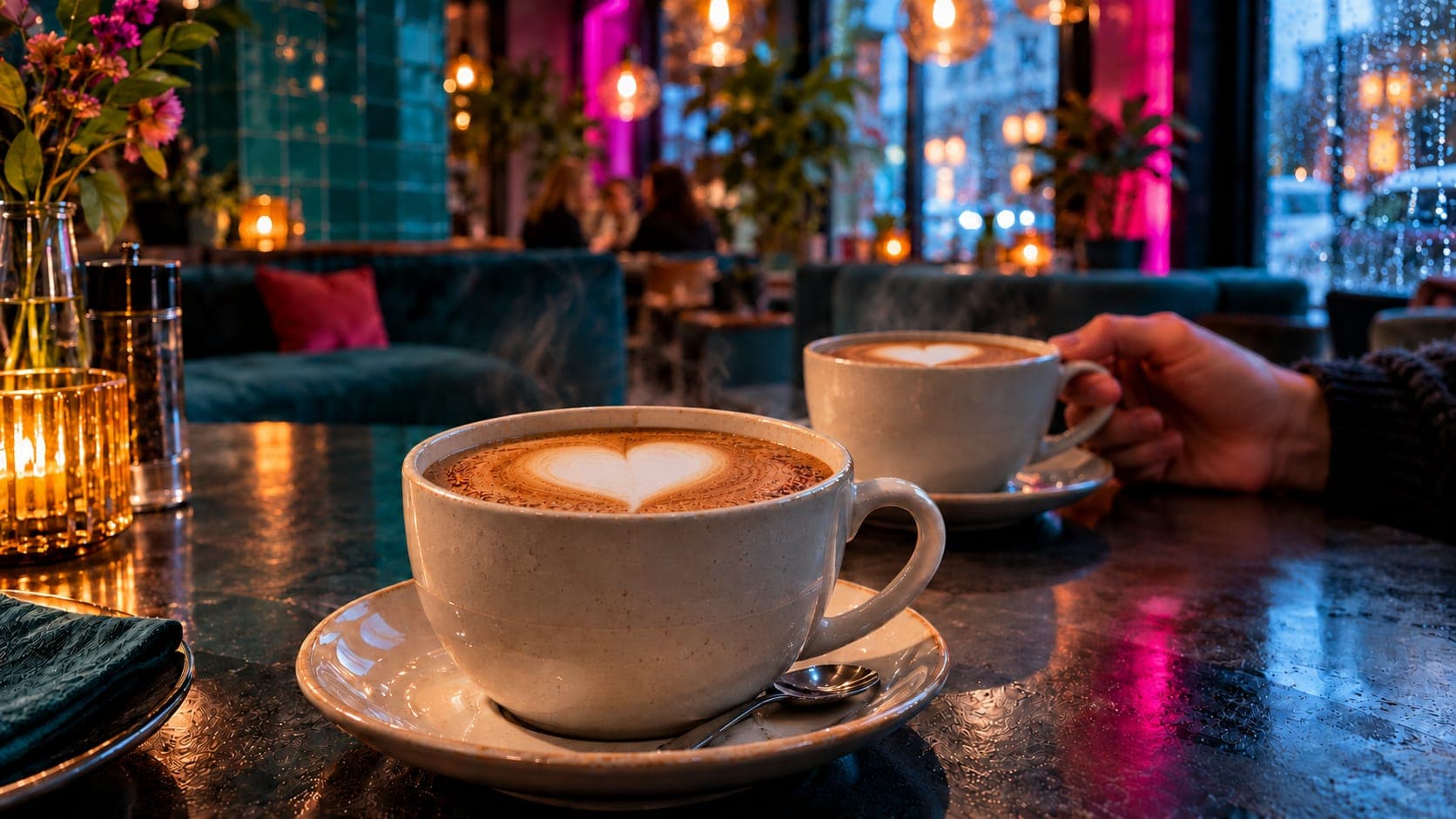 Twee cappuccino's met een hartje in het melkschuim op tafel, een hand pakt de tweede kop
