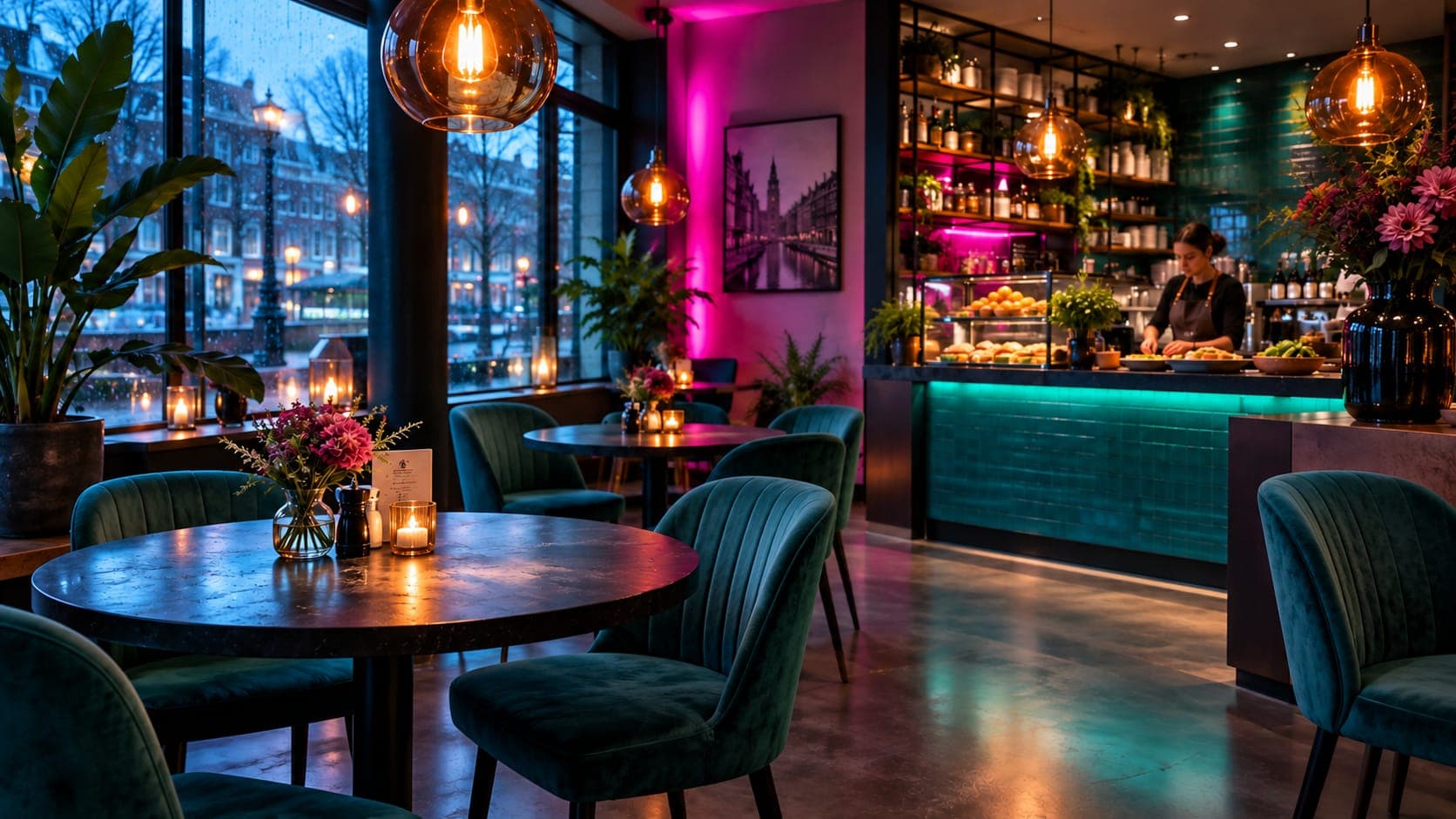 Lege lunchroom op een stille middag, met kaarsjes op de tafels bij het raam en een barista achter de toonbank