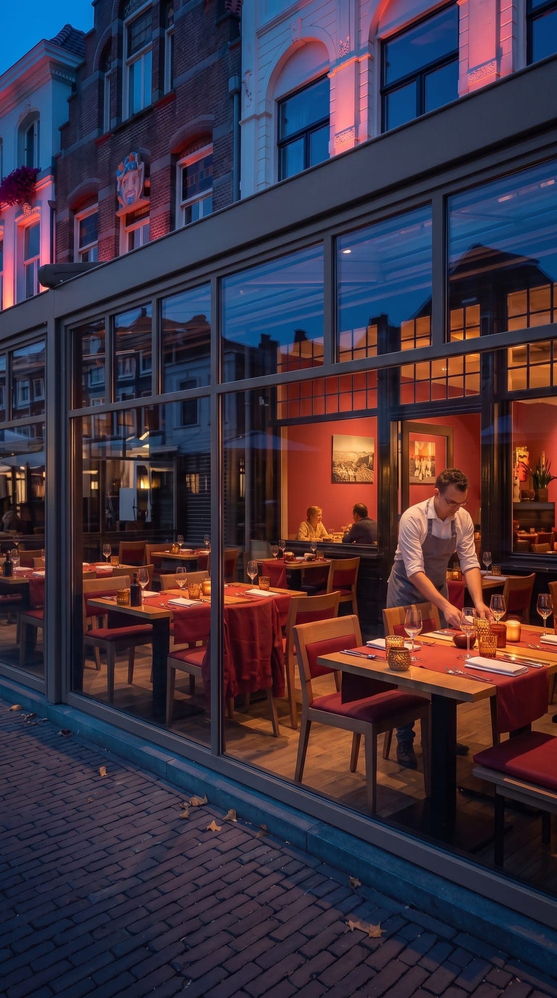 The restaurant seen from the street, a server laying a table while most tables are still empty