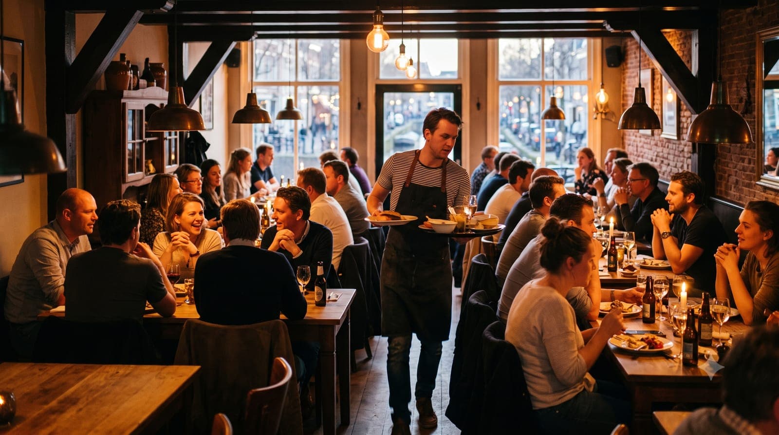 Volle zaak met gasten aan tafel