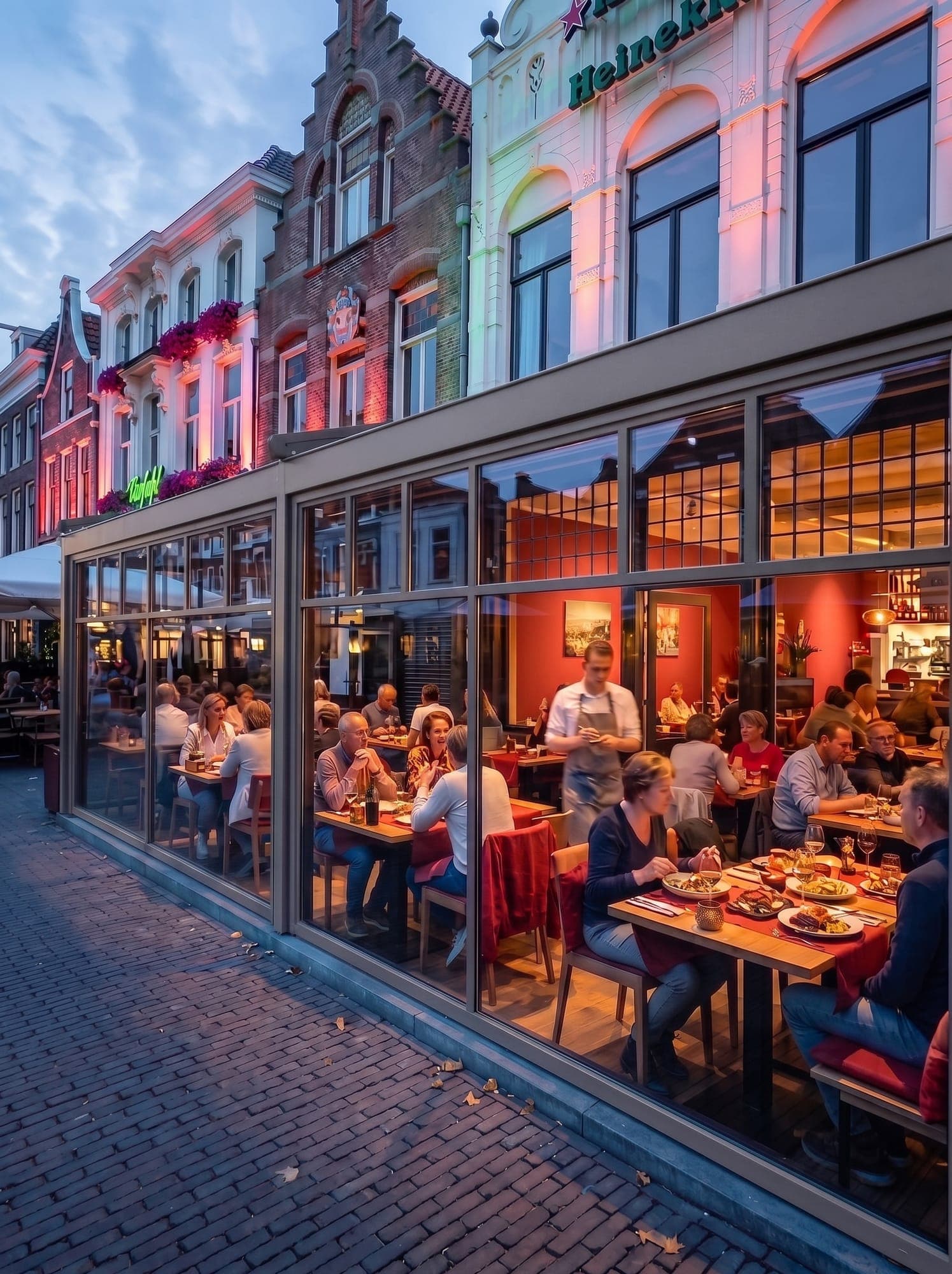 Lit-up restaurant at blue hour, with a warm red interior behind the windows