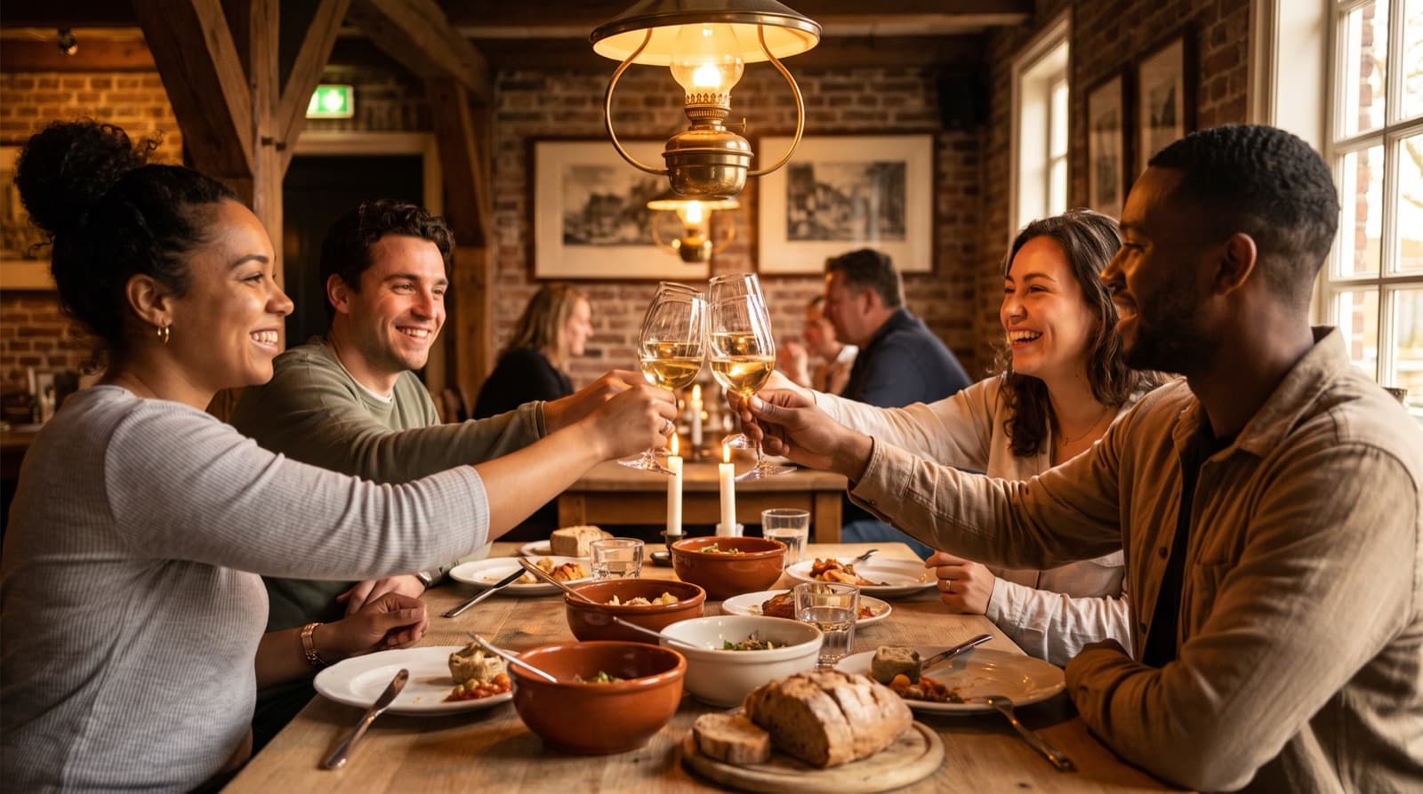Guests raising a toast at a dinner table