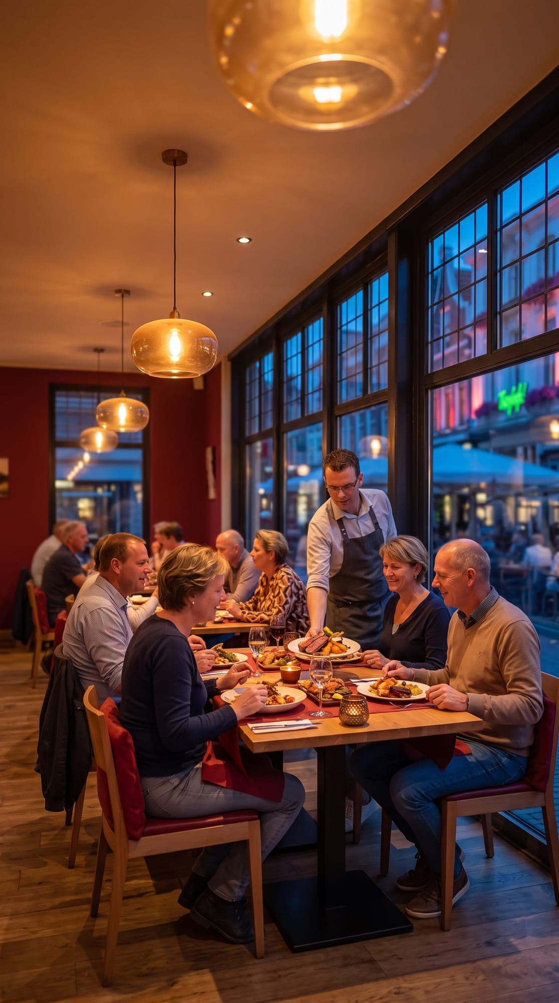 A server putting plates on the table of a party of guests in a full dining room at night